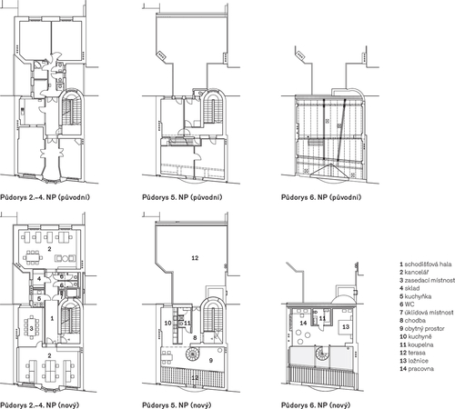 Půdorysy 2. NP až 6. NP, původní a nový stav.