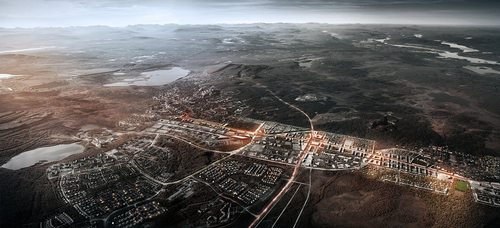 White Arkitekter a Ghilardi + Hellsten Arkitekter: Kiruna 4-ever; vítězný projekt mezinárodní soutěže na přesunutí města Kiruny na severu Švédska; hornické město s 20 000 obyvateli má být kvůli těžbě železné rudy během následujíc