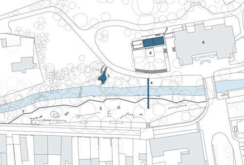 Situace: 1 nábřeží lemované nízkou zídkou 2 promenáda s dětským hřištěm 3 vyvýšená pozorovatelna 4 visutá ocelová lávka 5 letní pavilon 6 Smetanův dům