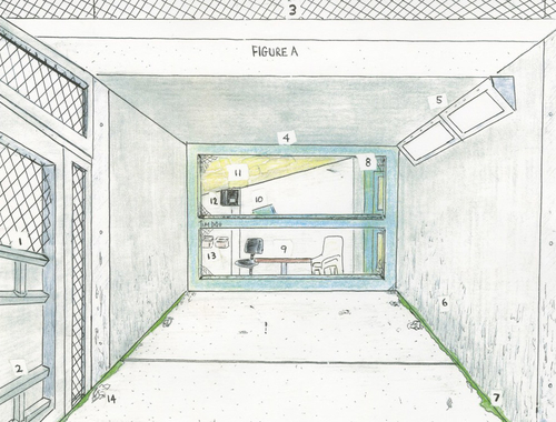Ilustrace z výstavy Sentenced: Architecture and Human Rights, zachycující prostředí věznice z pohledu uvězněných; autor: Carnell Hunnicutt; zdroj: Architects/Designers/Planners for Social Responsibility.