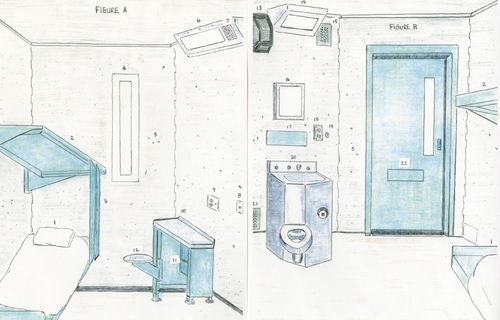 Ilustrace z výstavy Sentenced: Architecture and Human Rights, zachycující prostředí věznice z pohledu uvězněných; autor: Carnell Hunnicutt; zdroj: Architects/Designers/Planners for Social Responsibility.