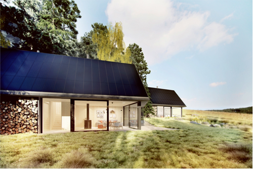 Budoucí podoba dvou ostrovních domů, jenž platforma Český soběstačný dům a její partneři hodlají v následujících měsících vystavět jako veřejně přístupnou laboratoř současných technických možností; vizualizace: vdvrk.com.