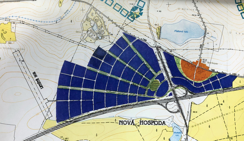 Studio A.J.T Praha: první urbanistická studie průmyslové zóny Nová Hospoda z roku 1995; zdroj: archiv Jaroslava Trávníčka.