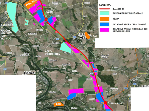 Mapa záměrů v oblasti Koridoru D8 zobrazuje již postavené skladové areály a plochy, na kterých se výstavba skladů teprve plánuje; zdroj: architekt Tomáš Lohniský pro sdružení Koridor D8 (www.koridord8.cz).