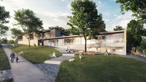 Dětský hospic bude zakomponován do svažitého terénu v rozlehlém areálu domova pro seniory Kociánka; vizualizace: Čtyřstěn.