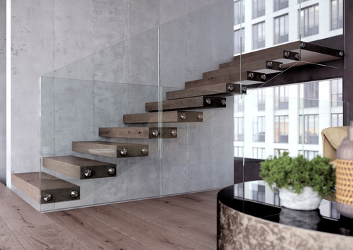 Třmenové schodiště WING s celoskleněným zábradlím; zdroj: JAP FUTURE.