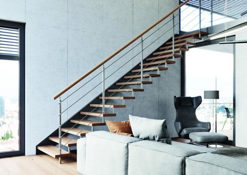 Třmenové schodiště EFEKT s nerezovým zábradlím; zdroj: JAP FUTURE.