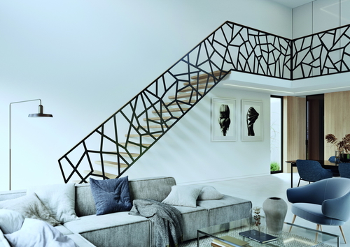 Třmenové schodiště OPERA s atypickým laserovaným zábradlím; zdroj: JAP FUTURE.