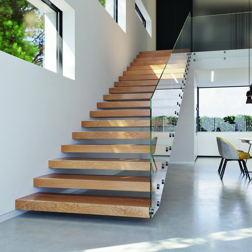 Třmenové schodiště WING s celoskleněným zábradlím; zdroj: JAP FUTURE.