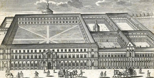 Friedrich B. Werner: pohled na Filareteho nemocnici La Ca’ Granda v Miláně, rytina, 1740; zdroj: Web Gallery of Art, wga.hu.