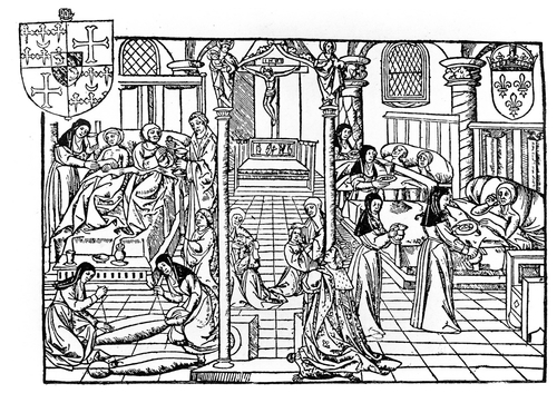 Jedna z nejstarších středověkých nemocnic, Hôtel-Dieu (Dům Boží) v Paříži; zdravější pacienti jsou  vpravo, více nemocní vlevo; faksimile rytiny z 16. století; zdroj: Casimir Tollet, Wikimedia Commons.