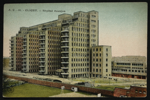 Dobová pohlednice s nemocnicí Beaujon v pařížské čtvrti Clichy od architekta Jeana Waltera, 1935; obří monoblok s kapacitou 1 100 pacientů; zdroj: geneanet.org.