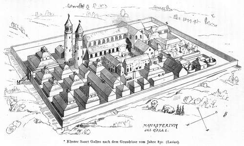 Johann R. Rahn: rekonstrukce ideální podoby kláštera Sankt Gallen podle Lasiova půdorysu z roku 830; zdroj: Wikimedia Commons.
