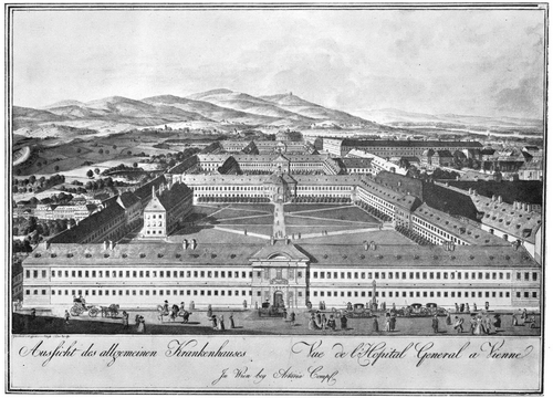 Všeobecná nemocnice ve Vídni na rytině z roku 1784; zdroj: Wikimedia Commons.