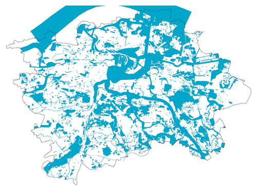 Modře jsou na mapě Prahy vyznačeny všechny evidované podněty, změny a úpravy stávajícího územního plánu (1999–2019, stav k 6. 6. 2019, celkem jde o 6 980 změn, tzn. 367,4 změny ročně = asi 1 změna denně); zdroj: Filip Foglar.
