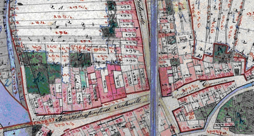 Indikační skica stabilního katastru z roku 1875 zachycuje původní podobu Masarykovy ulice; zdroj: Moravský zemský archiv v Brně.
