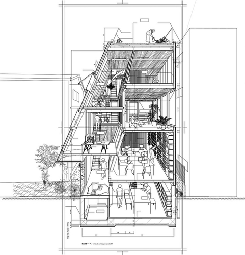 Projekt doprovází obvyklá podrobná axonometrie zobrazující využití jednotlivých prostorů v domě; zdroj: Bow-Wow.