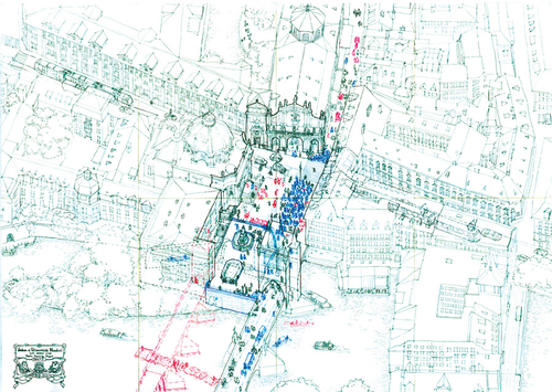 Architektonická etnografie zkoumá veřejný prostor a chování lidí v něm; výstupem studentského workshopu na FA ČVUT v Praze byly ruční axonometrie vybraných pražských veřejných prostorů; zdroj: FA ČVUT v Praze.