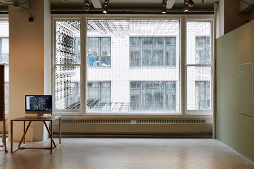 Umělecky pojaté zakrytí okna budovy proti nárazům ptáků odkazuje také na sbíhající se linie jednoúběžníkové perspektivy a na moderní způsoby maskování pomocí pixelace obrazu; zdroj: Ants of the Prairie.