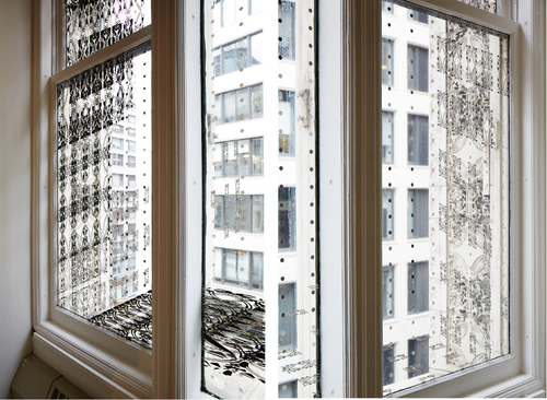 Umělecky pojaté zakrytí okna budovy proti nárazům ptáků odkazuje také na sbíhající se linie jednoúběžníkové perspektivy a na moderní způsoby maskování pomocí pixelace obrazu; zdroj: Ants of the Prairie.