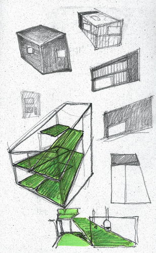 Geneze úvah o prostorové kompozici na skice architekta Šépky; díky zelenému zvýraznění zaujímá spirála v neutrálně pojatém interiéru hlavní postavení; zdroj: archiv Jana Šépky.