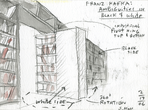 Skica k projektu Centra Franze Kafky a konceptu otočné knihovny; zdroj: Steven Holl Architects.