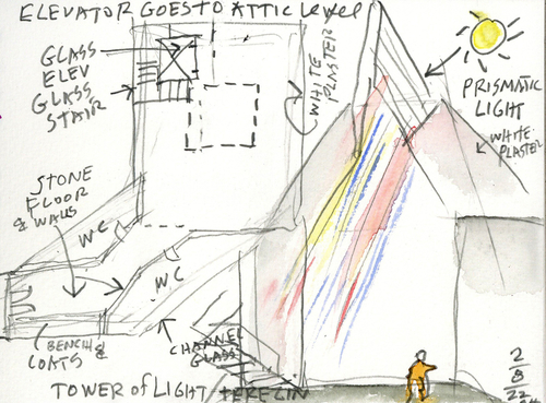 Rozklad světla na barevné spektrum ve vstupním prostoru Muzea ghetta Terezín; zdroj: Marcela Steinbachová & Skupina.