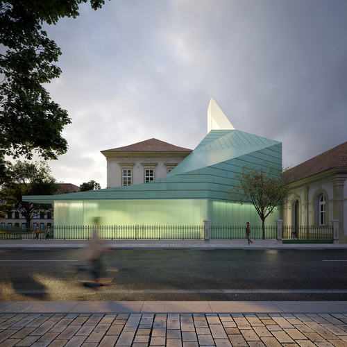 Vítězný návrh architektonické soutěže z roku 2022 doplňuje původní budovy Památníku Terezín o novou vstupní halu; zdroj: Marcela Steinbachová & Skupina.