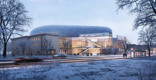 Koncertní hala v Ostravě je navržena jako „dokonalý hudební nástroj ve svém pouzdře“; přístavba ke stávajícímu Domu kultury na ulici 28. října by mohla být dokončena v roce 2026; zdroj: Steven Holl Architects.