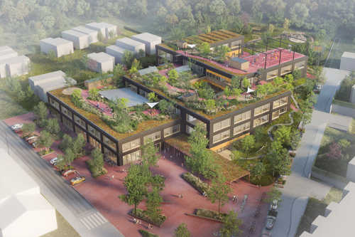 Základní škola Komořany s výukovou krajinou; 1. místo v užší architektonické soutěži 2021, spolupráce: AED, Land05, Květoslav Syrový, Jakub Zajíček, Jan Drška, Jiří Vítek; vizualizace: archiv autorů.