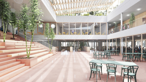 Základní škola Komořany s výukovou krajinou; 1. místo v užší architektonické soutěži 2021, spolupráce: AED, Land05, Květoslav Syrový, Jakub Zajíček, Jan Drška, Jiří Vítek; vizualizace: archiv autorů.