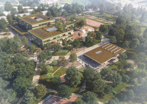 Základní a mateřská škola Sadová v Brně; 1. místo v užší architektonické soutěži 2022; spolupráce: Land05, consequence forma architects; vizualizace: archiv autorů.
