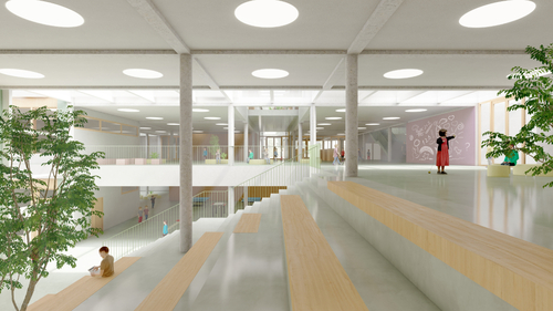 Základní a mateřská škola Sadová v Brně; 1. místo v užší architektonické soutěži 2022; spolupráce: Land05, consequence forma architects; vizualizace: archiv autorů.