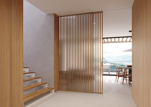 Posuvné dveře IDEALINE WOOD VERTICAL v posuvu do stropu PREMIUM; foto: JAP FUTURE.