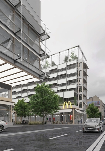 Vítězný projekt Justýny Kaislerové: MOL Smíchov – Transformace čerpacích stanic na hybridní městské domy v Productive City; zdroj: Diplom.ky.
