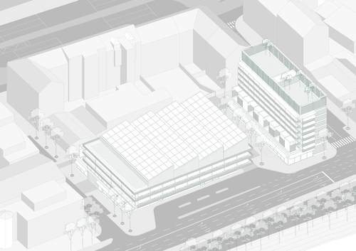 Vítězný projekt Justýny Kaislerové: MOL Smíchov – Transformace čerpacích stanic na hybridní městské domy v Productive City; zdroj: Diplom.ky.