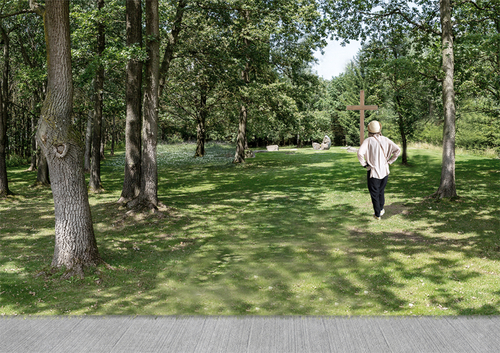 Od hlavního vstupu vede cesta směrem k pohřebišti, které je oproti okolnímu trávníku mírně vyvýšené a osázené lesními trvalkami tak, aby nad ním vznikla „peřina květů“; vizualizace: archiv autorů.