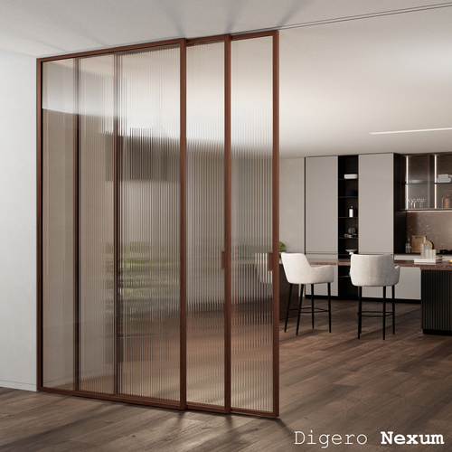  Digero NEXUM – prosklená příčka s paralelními posuvnými dveřmi se třemi křídly představuje inteligentní a elegantní řešení.