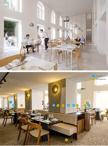 Srovnání návrhů interiérového řešení restaurace v KD Slavie: nahoře vizualizace původního návrhu od týmu architekta Jana Proksy, dole návrh neznámého studia AGD – Pavel Dolanský, dodaný městu zdarma zhotovitelskou firmou Metrostav.