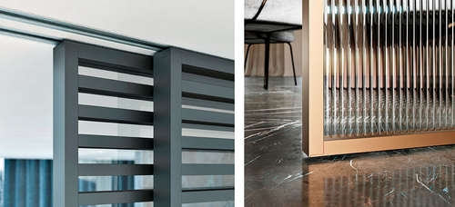 Detail uchycení dveří IDEALINE HORIZONTAL  do posuvu do stropu PREMIUM a detail dveří IDEA – navázání na podlahu bez nutnosti přechodové lišty.