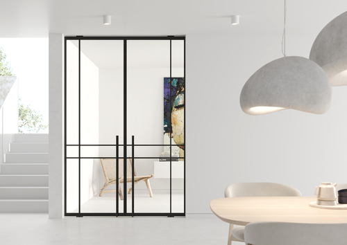 Otočné dveře DIVALINE dvoukřídlé, RAL 9005, madlo HH1200, čiré sklo; foto: JAP FUTURE