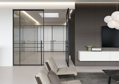 Otočné dveře DIVALINE, dvoukřídlé, čiré sklo, obklad EFEKTA s dýhou Latho; foto: JAP FUTURE