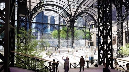 Návrh nového nádraží Penn Station v New Yorku, prezentovaný autorem jako „znovuzrození klasické architektury“; Alexandros Washburn, 2025; zdroj: Grand Penn Community Alliance.