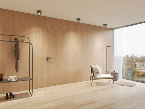 Jediné bezfalcové bezpečnostní dveře ve skryté zárubni vyráběné v ČR – NEXT SD104. Zdroj NEXT a.s.