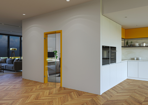 Dveře CRISTAL KLAR s čirým sklem a zárubní v dekoru RAL 1021 – Žlutá hořčičná. Zdroj: SOLODOOR a.s.